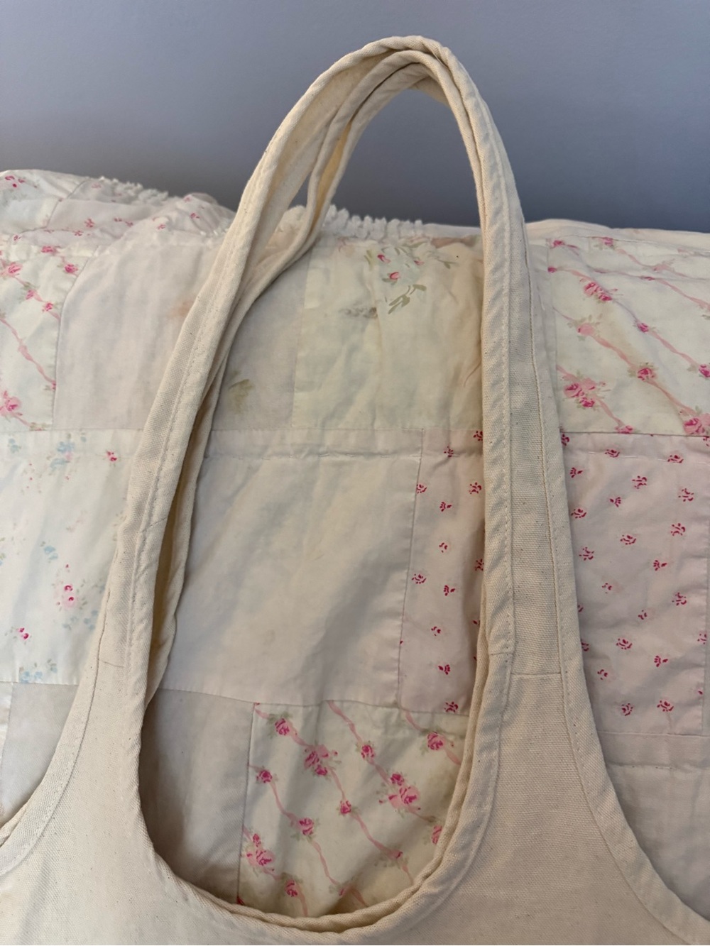 Cream Canvas Tote Bag with Navy Print - Picture 4 of 5